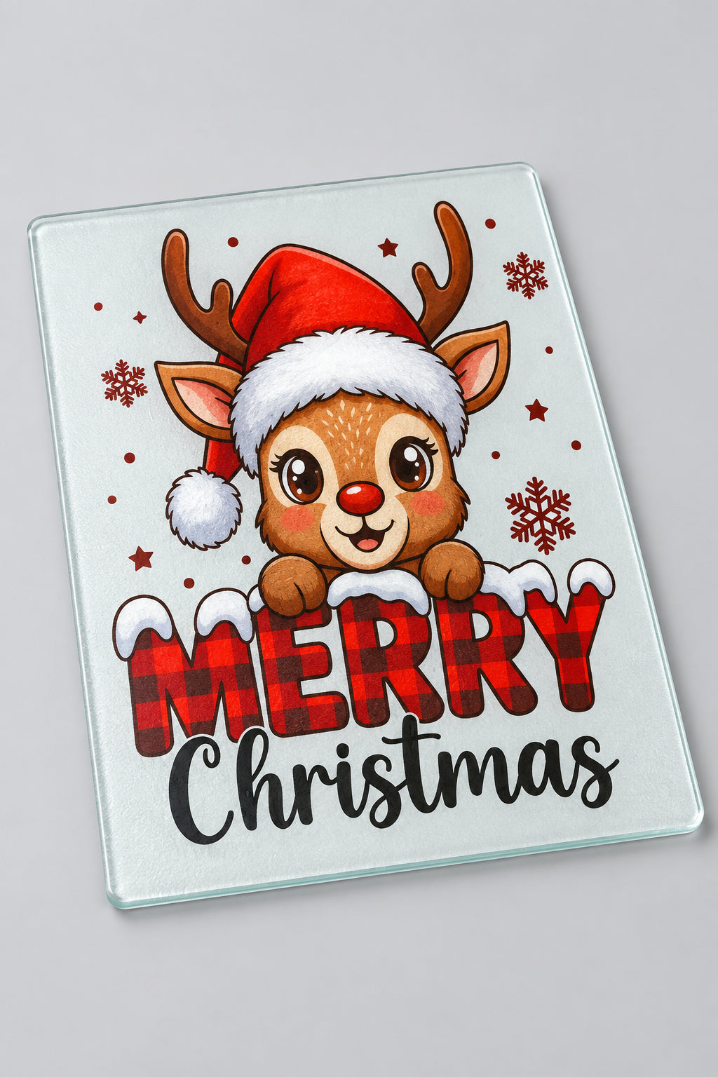 Merry Christmas Reindeer Glass Cutting Board - Front View
