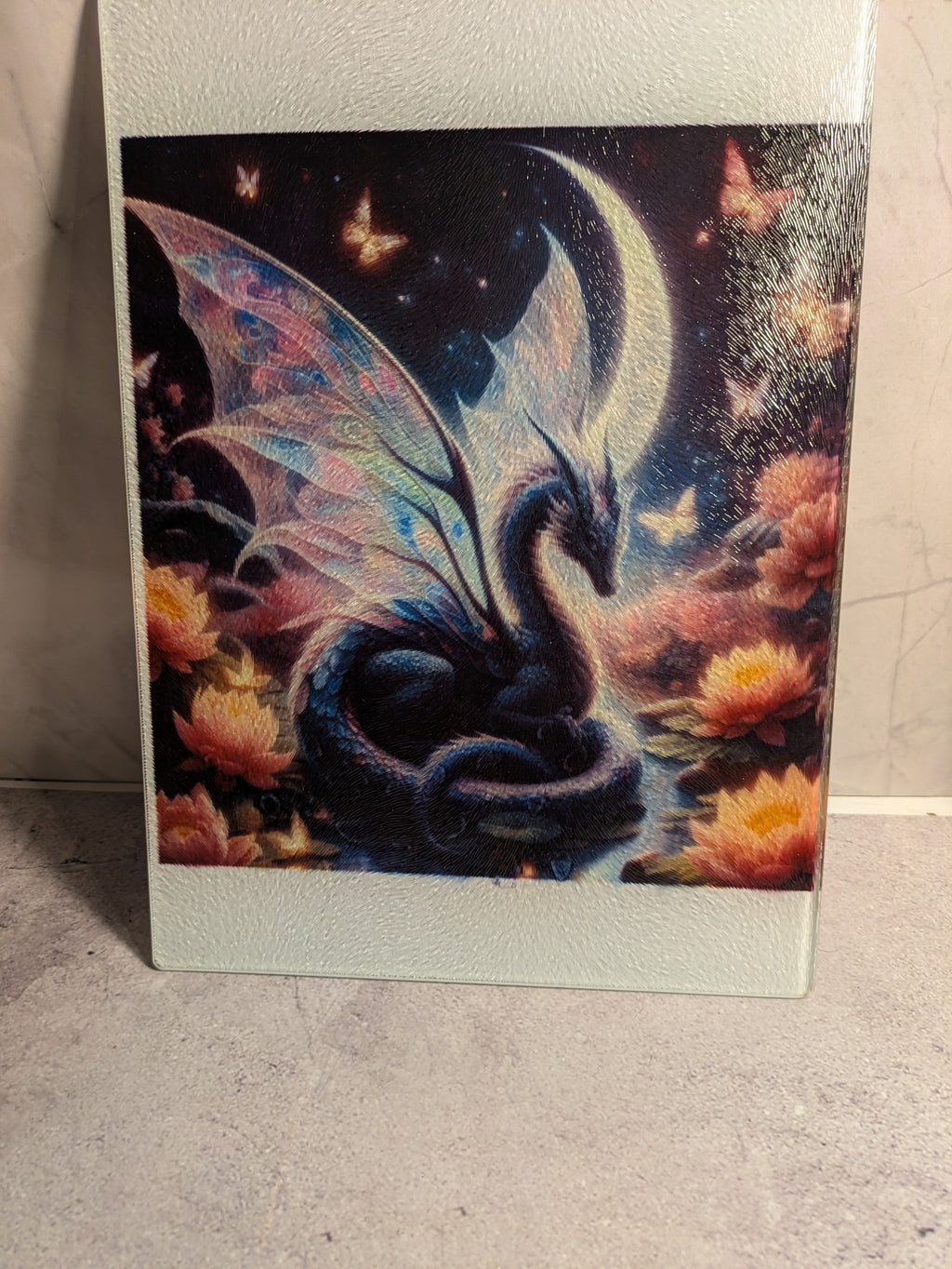 8x10 Glass Sublimation Cutting Board - Dragon Fantasy Art Side View