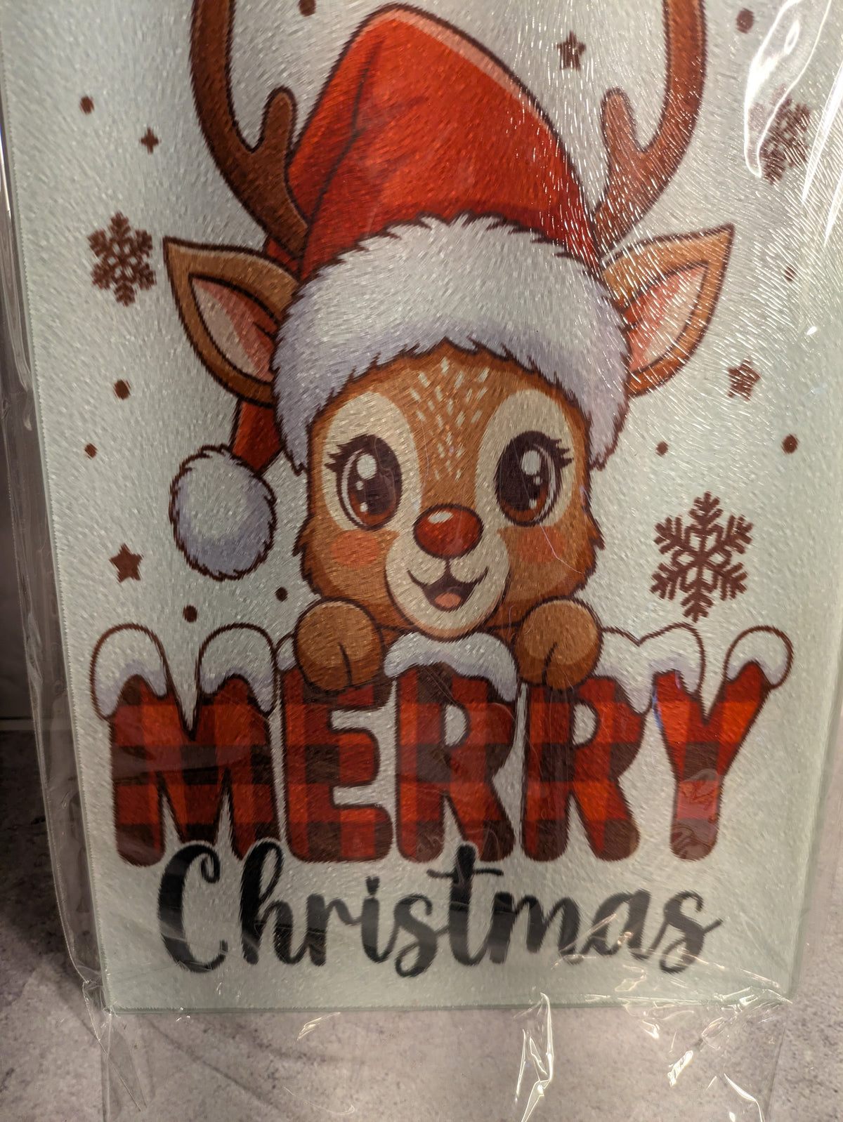 Merry Christmas Reindeer Glass Cutting Board - Close Up