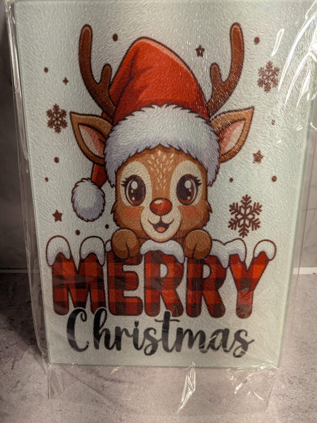 Merry Christmas Reindeer Glass Cutting Board - Front View