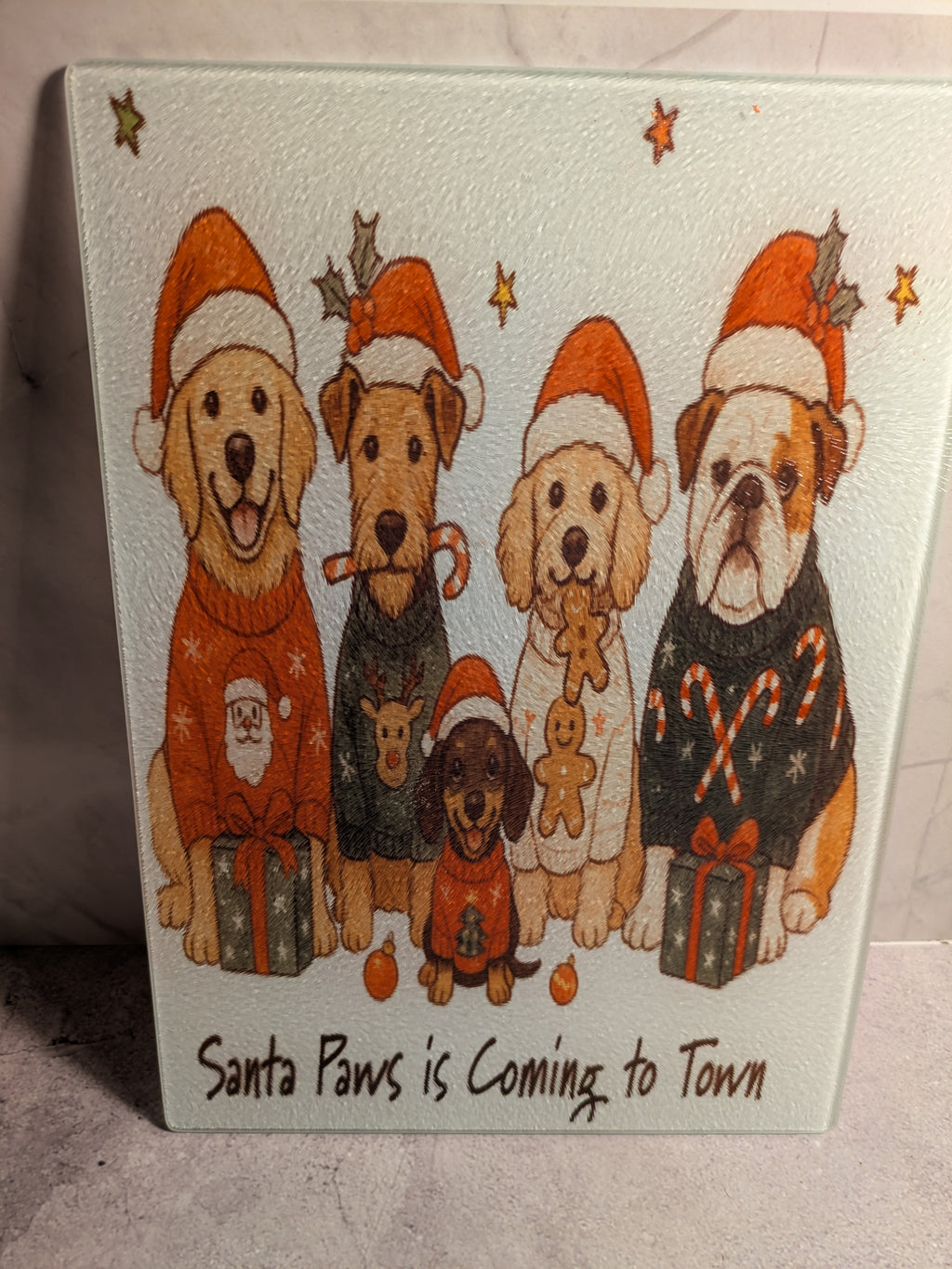 Santa Paws is Coming to Town glass cutting board second view