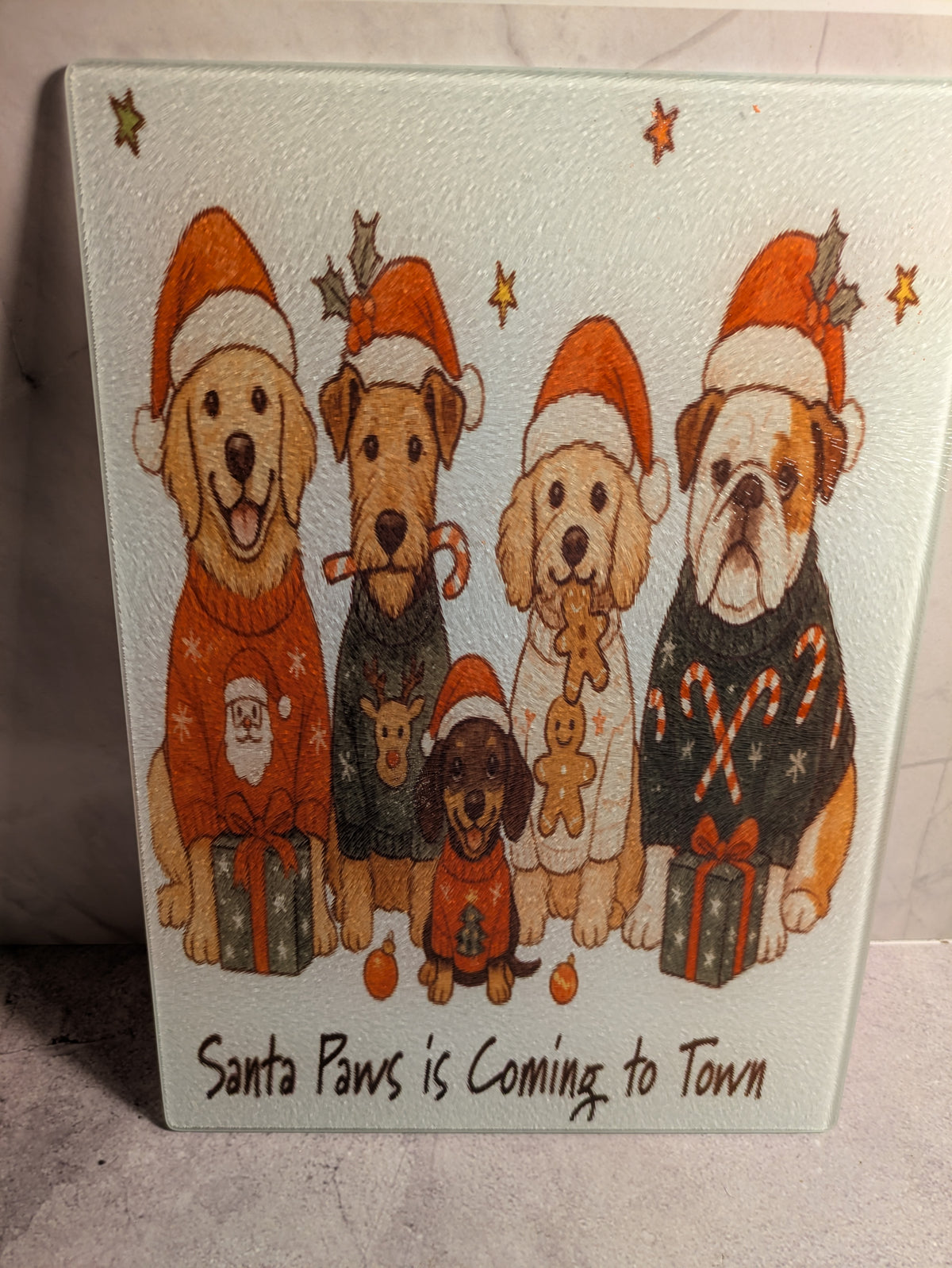 Santa Paws is Coming to Town glass cutting board second view