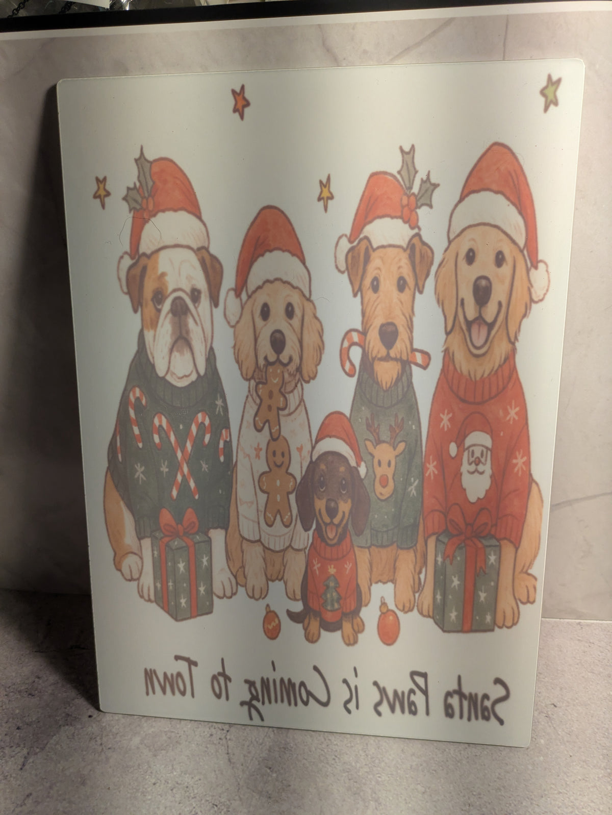 Santa Paws is Coming to Town glass cutting board back view