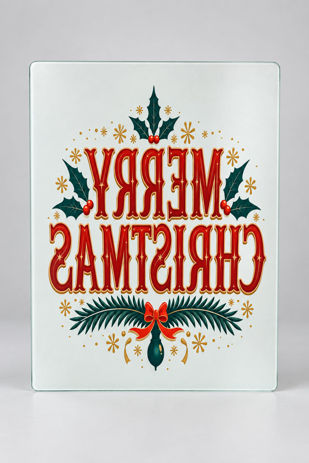 Merry Christmas sublimation glass cutting board angle view