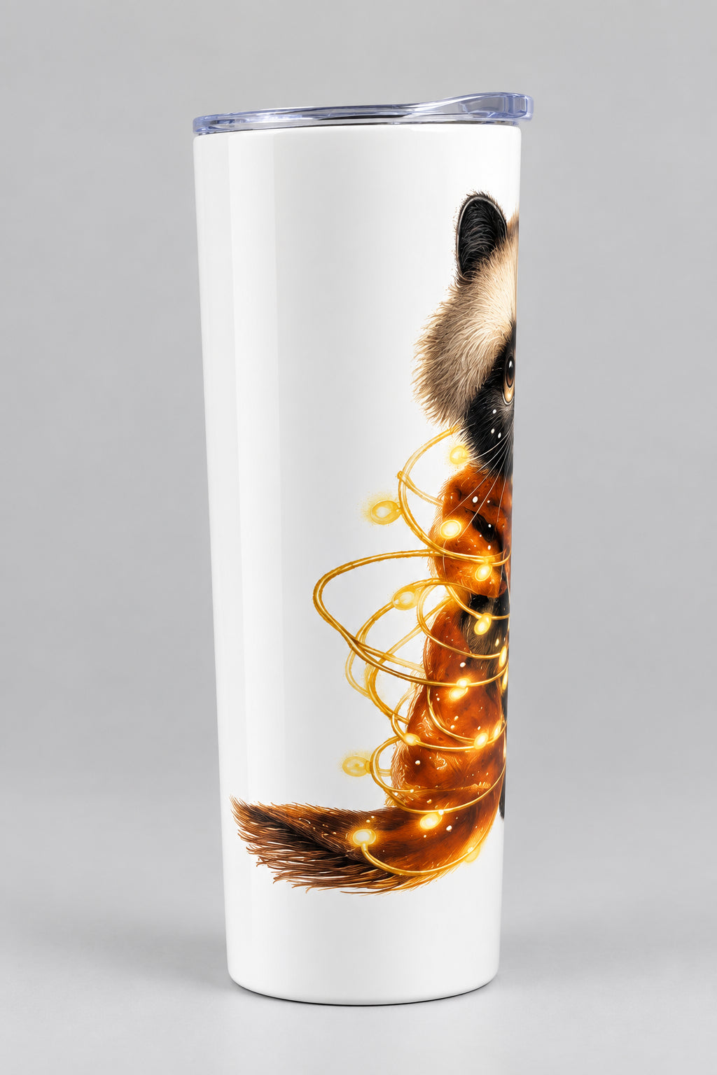 Christmas cat tumbler - side view with raccoon detail