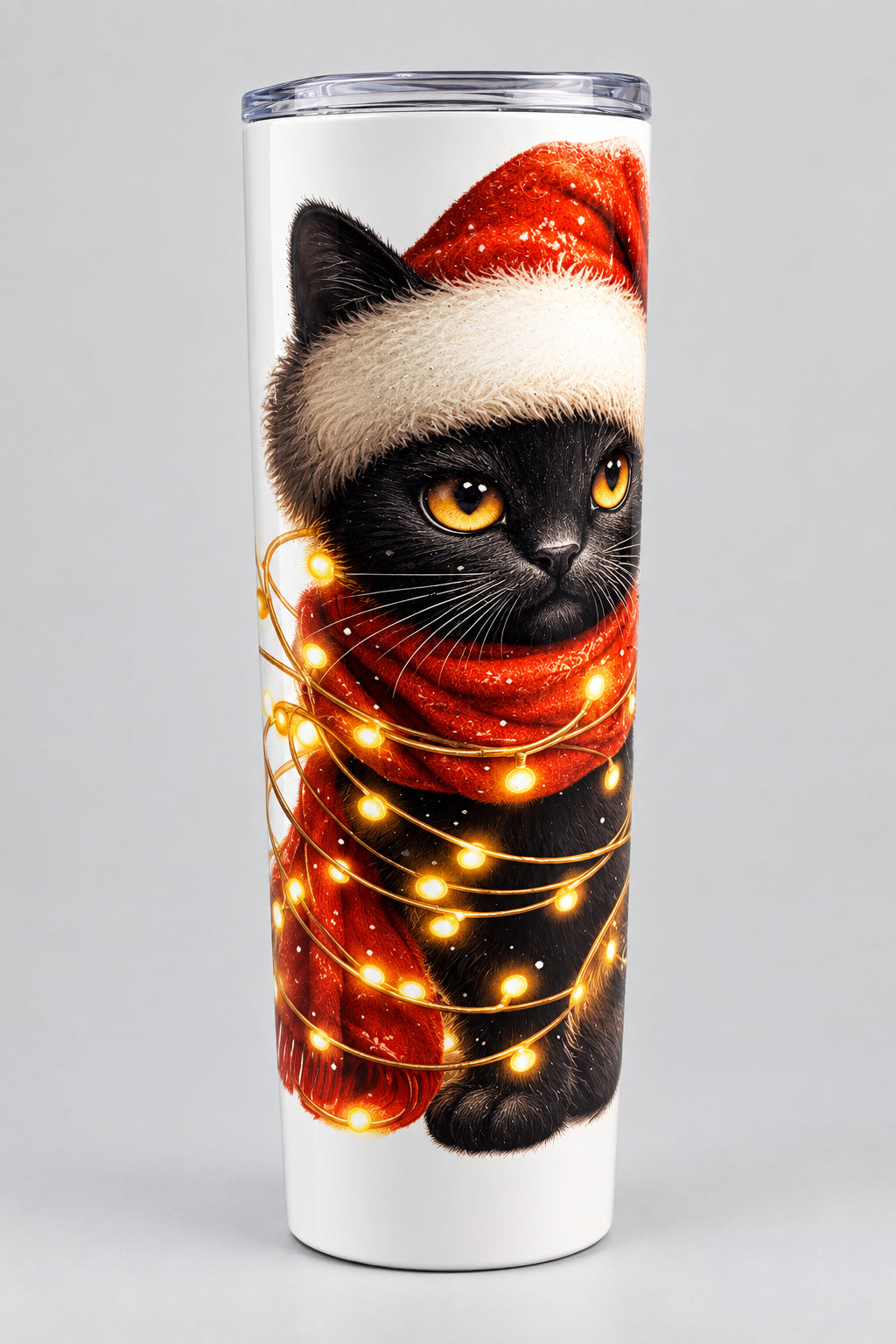 Christmas cat tumbler - front view with Santa hat cat