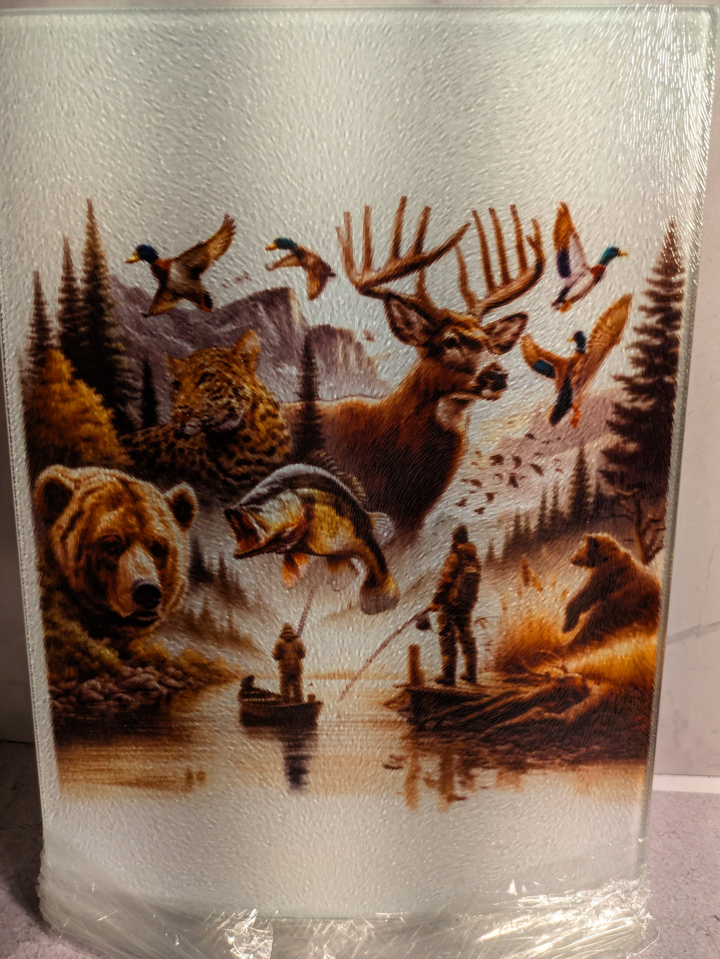 Wildlife hunting scene sublimation glass cutting board - front view