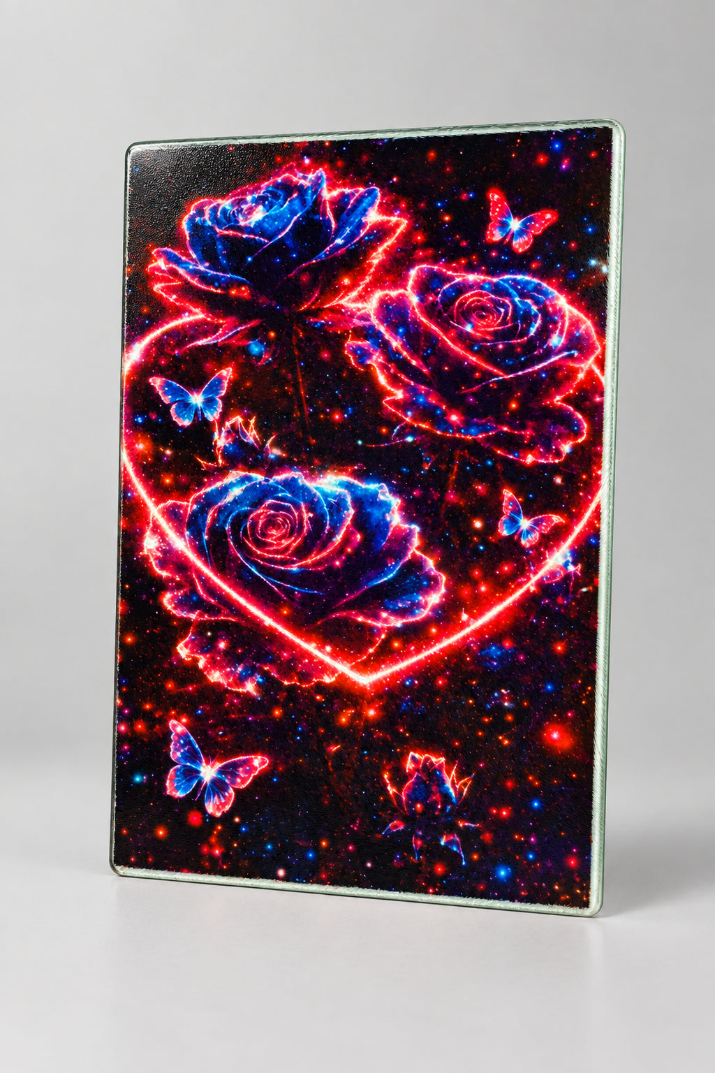 Neon Rose Heart Sublimation Glass Cutting Board - side view