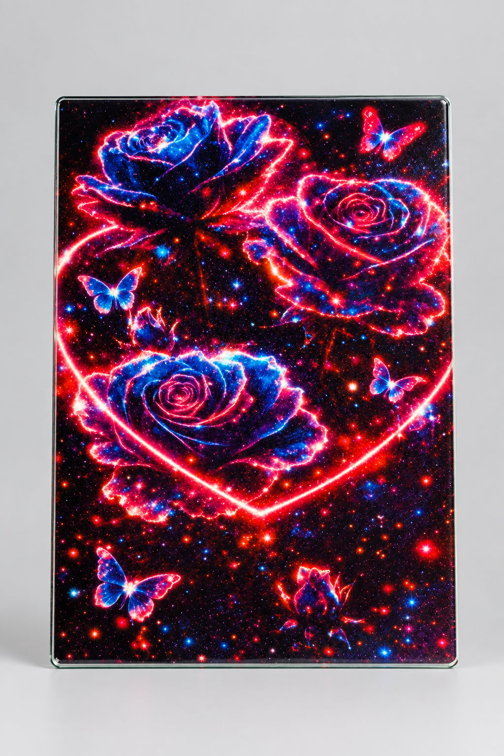 Neon Rose Heart Sublimation Glass Cutting Board - front view