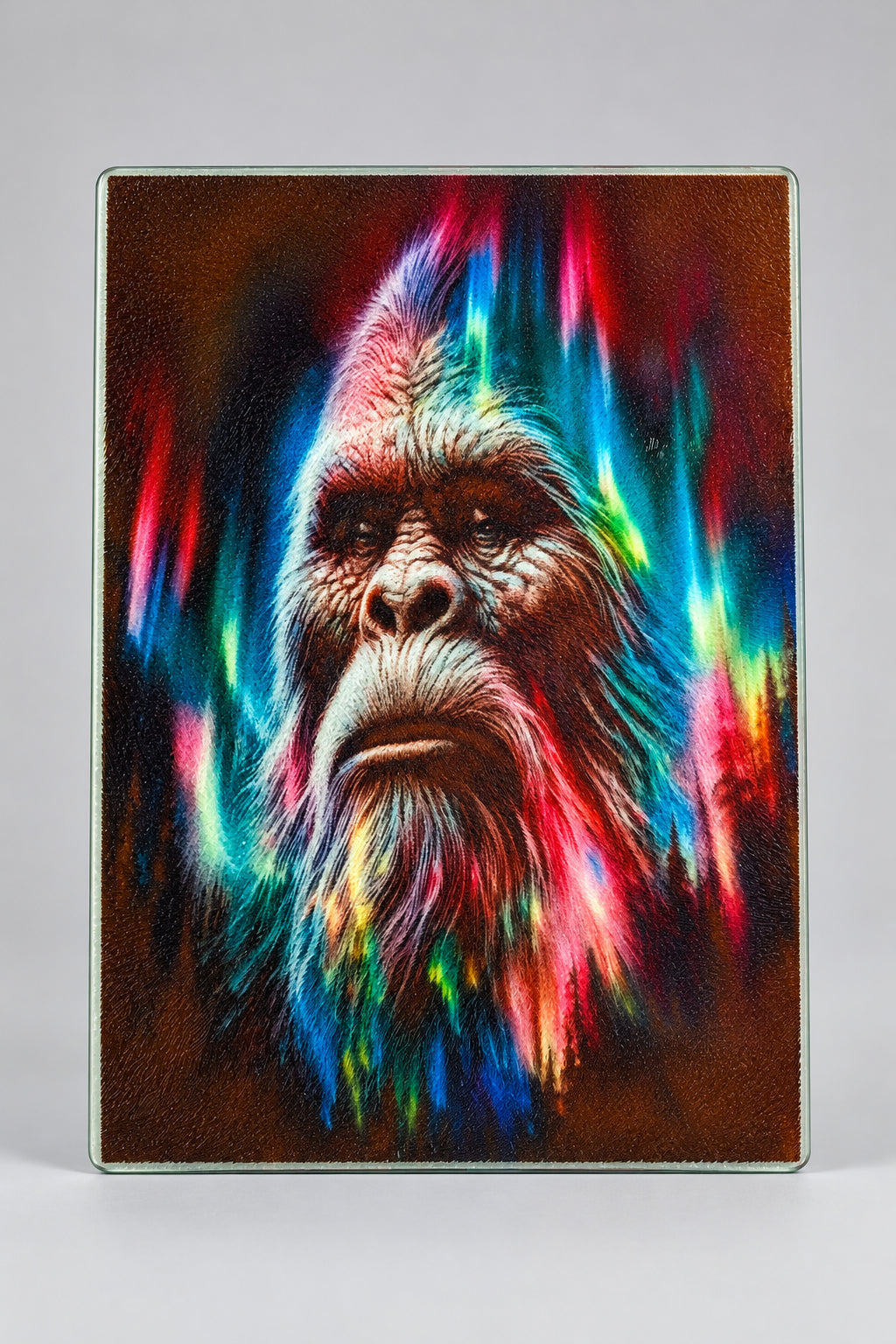 Bigfoot Aurora Borealis Glass Cutting Board 8x10 - full view