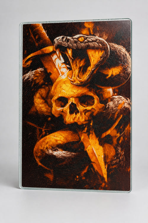 8x10 Skull and Snake Glass Cutting Board - detail view