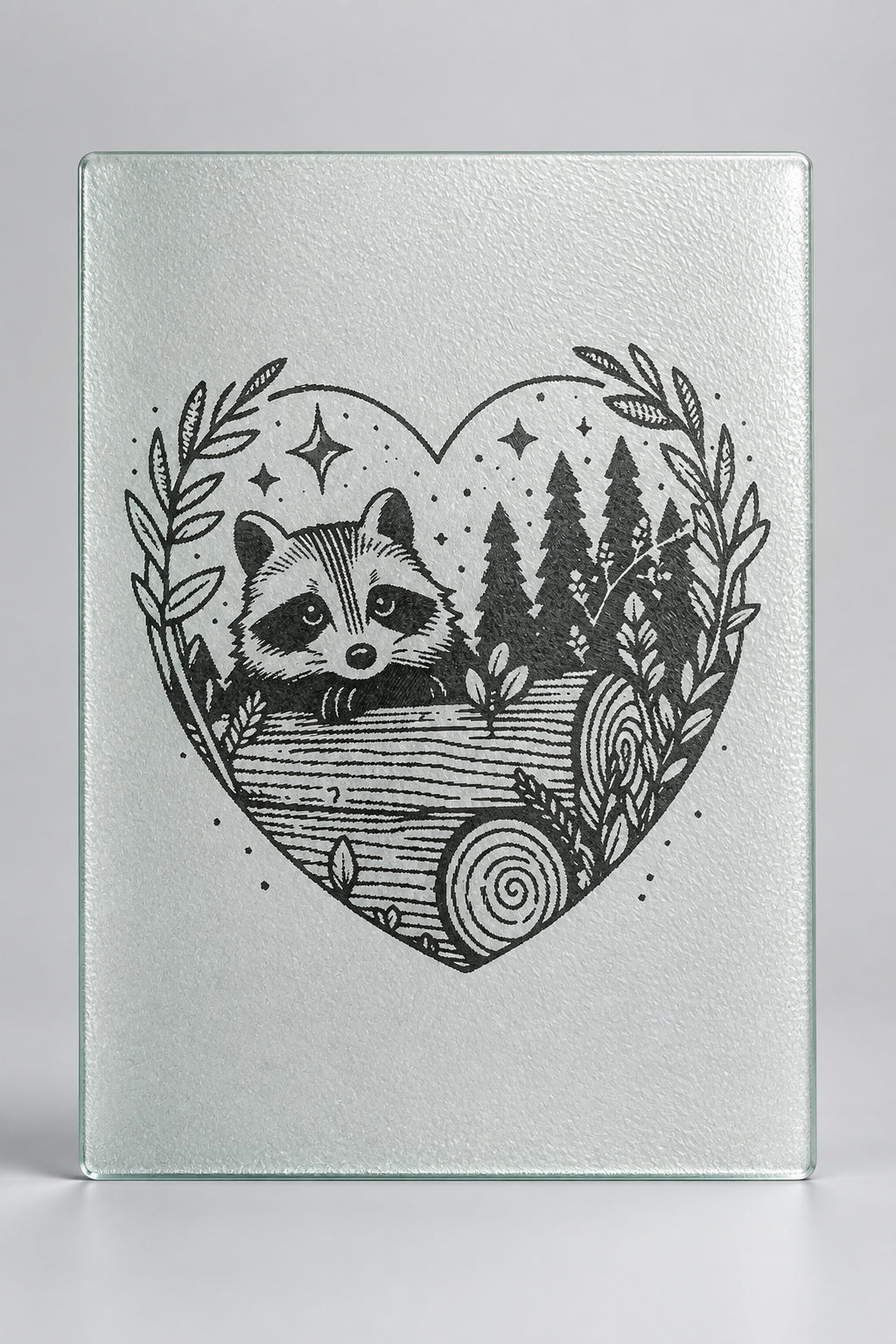 Raccoon Heart Laser Engraved Glass Cutting Board