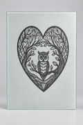 Laser engraved owl heart glass cutting board - full product shot
