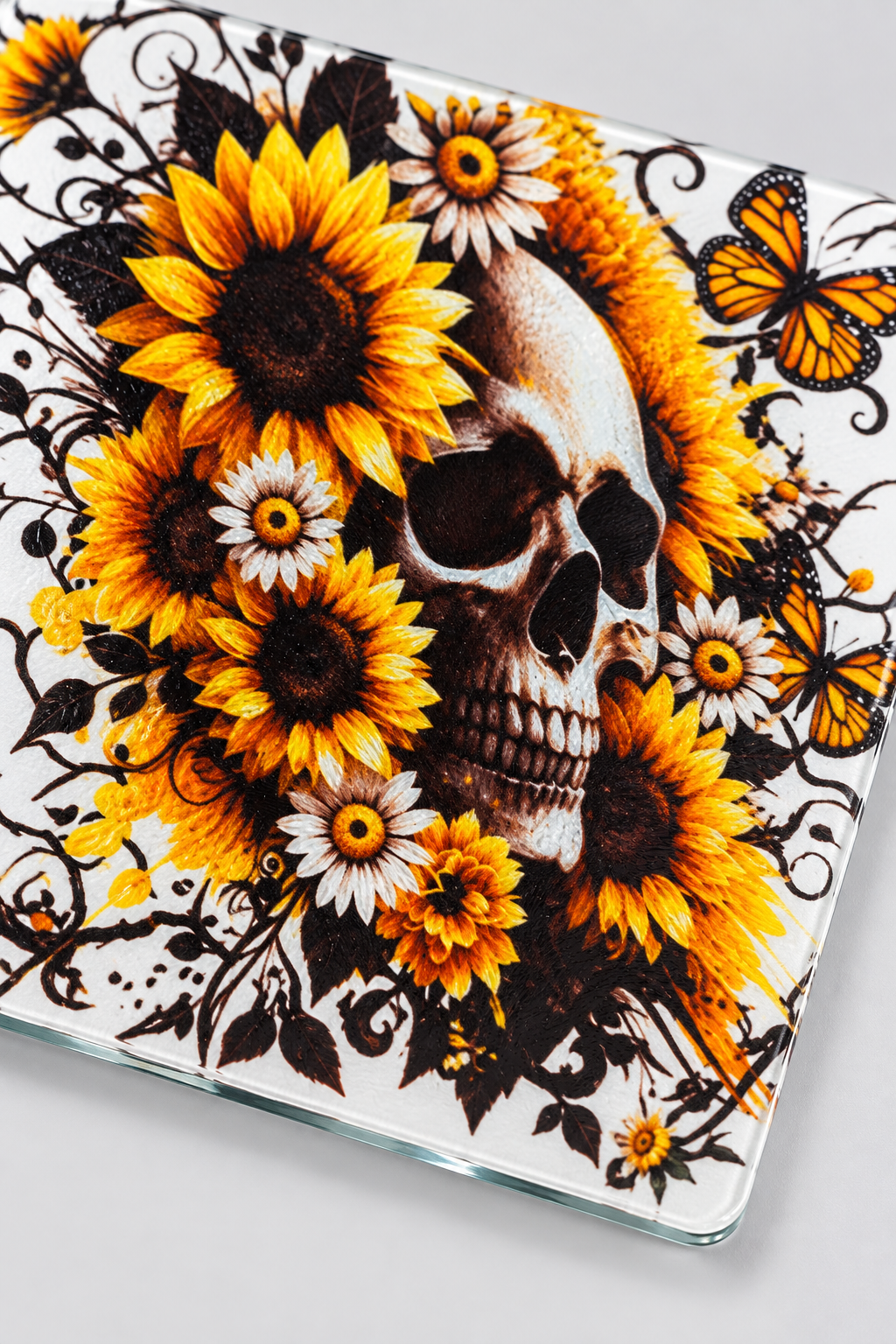 Skull sunflower glass cutting board - close-up detail