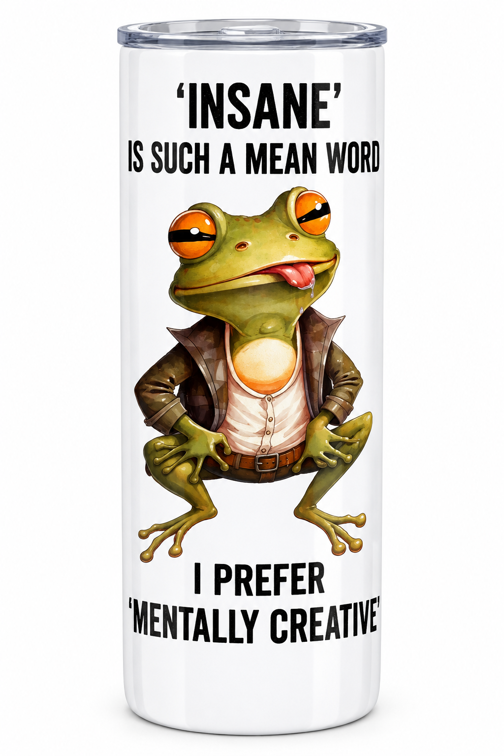 Insane frog tumbler front view with full wrap design