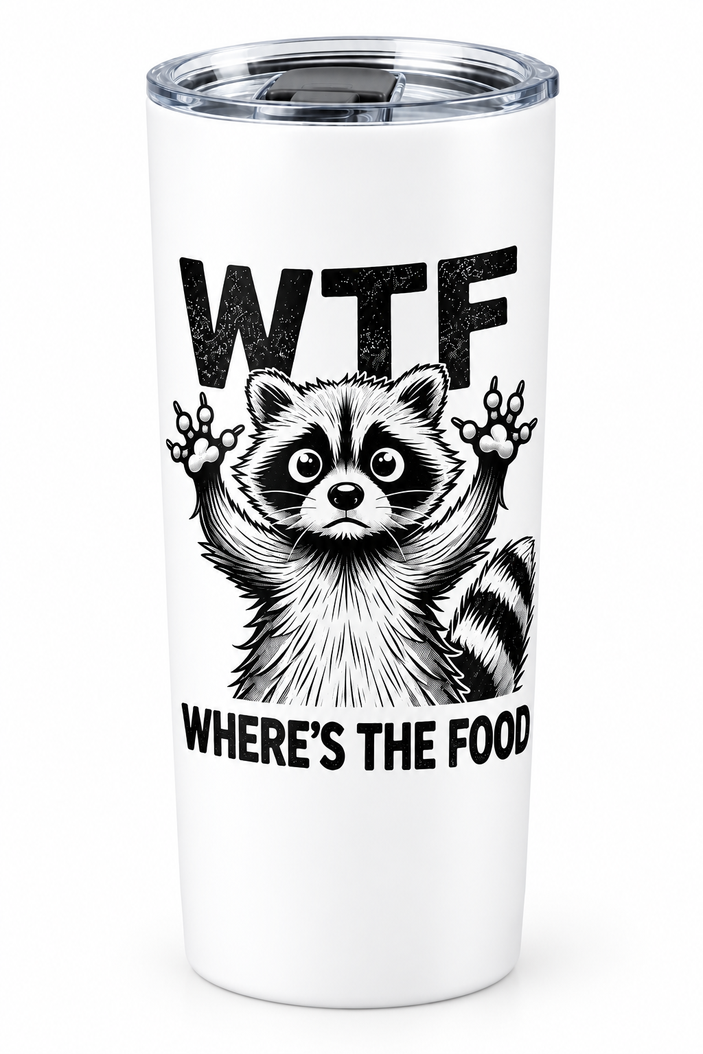 WTF Where's the Food Raccoon 20oz White Tumbler - Front View