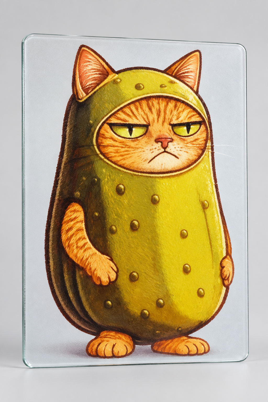 Grumpy Pickle Cat Glass Cutting Board - close-up detail