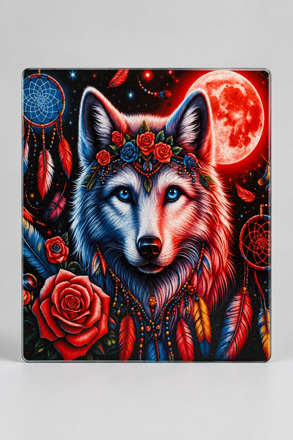 Mystical Wolf Dream Catcher Glass Cutting Board - flat view