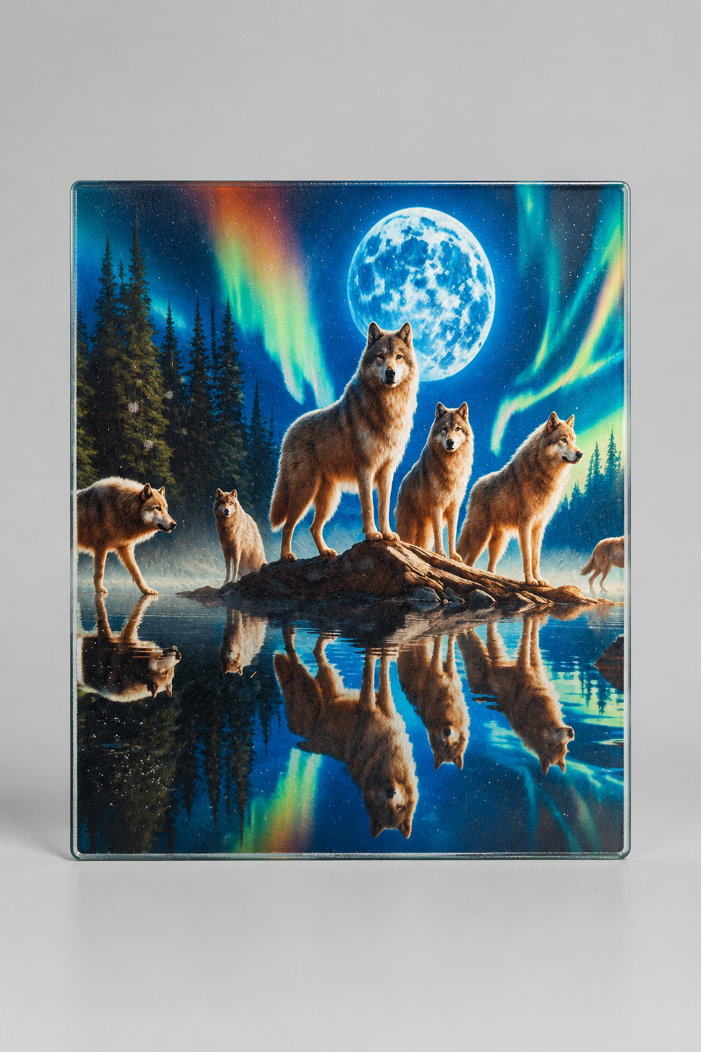 Wolf moon glass cutting board - front view on gray backdrop
