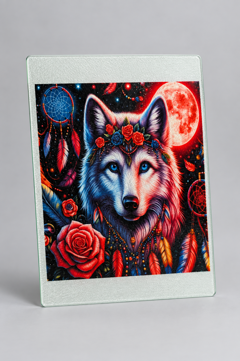 Mystical Wolf Dream Catcher Glass Cutting Board - upright view