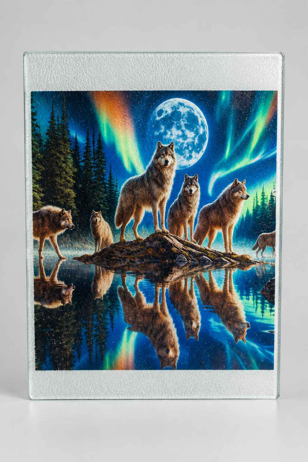 Wolf moon glass cutting board - side view on gray backdrop